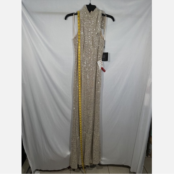 NEW $398 IEENA Mac Duggal [ 0 ] Sequin Bow Halter Neck‎ Column Gown Silver - Picture 3 of 15